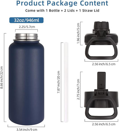 Volhoply 32 oz Insulated Water Bottles Bulk 4 Pack with Straw Lid & Spout Lid,Stainless Steel Sports Water Bottle,Double Wall Vacuum Cups,Leakproof Wide Mouth Metal Flask for Hiking,Camping(Navy,4)