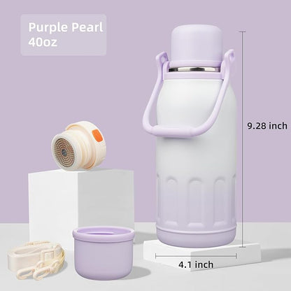 Insulated Water Bottle with Handle and Strap,Vacuum Travel Tumbler with Cup Lid,Thermo Coffee Cup for Hot Cold Drinks 40 OZ,Purple Pearl