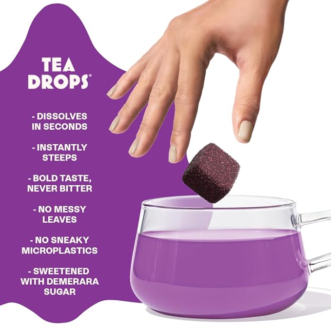 Tea Drops 30 Bulk Pack Organic Ube Bagless Tea - Loose Leaf, Lightly Sweetened, On-The-Go. Plastic-Free - Iced or Hot