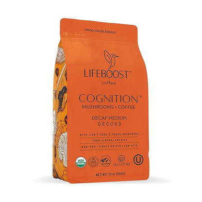 Lifeboost Cognition Decaf Mushroom Coffee - Low Acid Decaf Medium Organic Coffee with Lions Mane & Chaga Mushrooms - Increase Energy, Boost Focus & Immune Support - 12 oz Bag - Ground