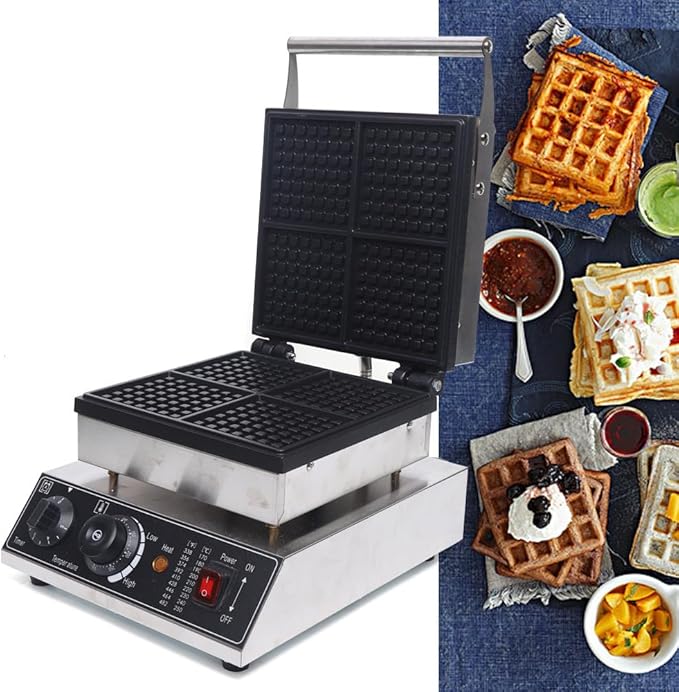 110V Commercial Waffle Maker 4Pcs Nonstick 1750W Electric Waffle Machine Stainless Steel Waffle Maker Suitable for Bakeries Snack Bar Family