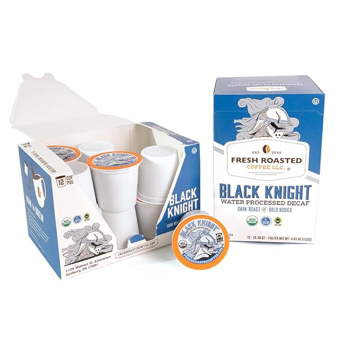 Fresh Roasted Coffee, Organic Black Knight Water-Processed Decaf | USDA Organic, Kosher | Dark Roast | 24 Pods for K Cup Brewers