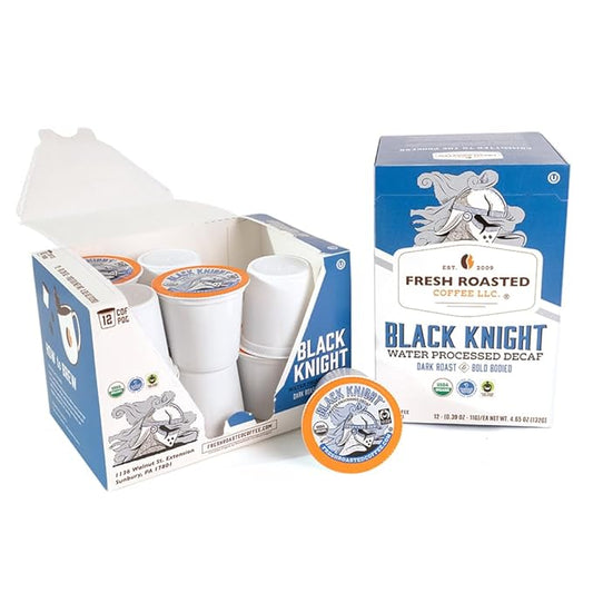 Fresh Roasted Coffee, Organic Black Knight Water-Processed Decaf | USDA Organic, Kosher | Dark Roast | 24 Pods for K Cup Brewers