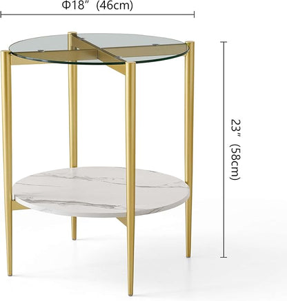 Round Glass End Table, Mid-Century Modern Design Sofa Table for Living Room, D18 x H23 in, 2-Tier Structure, Clear Glass Top and White Marble Shelf, Sleek Conical Legs with Gold Finish Frame