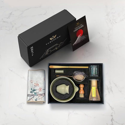 10 Pcs Matcha Whisk Set - 15 OZ Matcha Bowl with Spout and Whisk Holder & Measuring Cup - Bamboo Matcha Scoop and Spoon - Stainless Steel Sifter - Cleaning Brush - Matcha Kit for Japanese Tea Ceremony