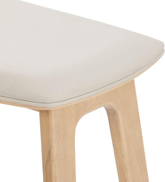 Plank+Beam Beryl Bar Height Stool - Mid-Century Modern Rubberwood Bar Stool with Faux Leather Seat, Metal Footrest, Easy Assembly, Blonde/Sesame