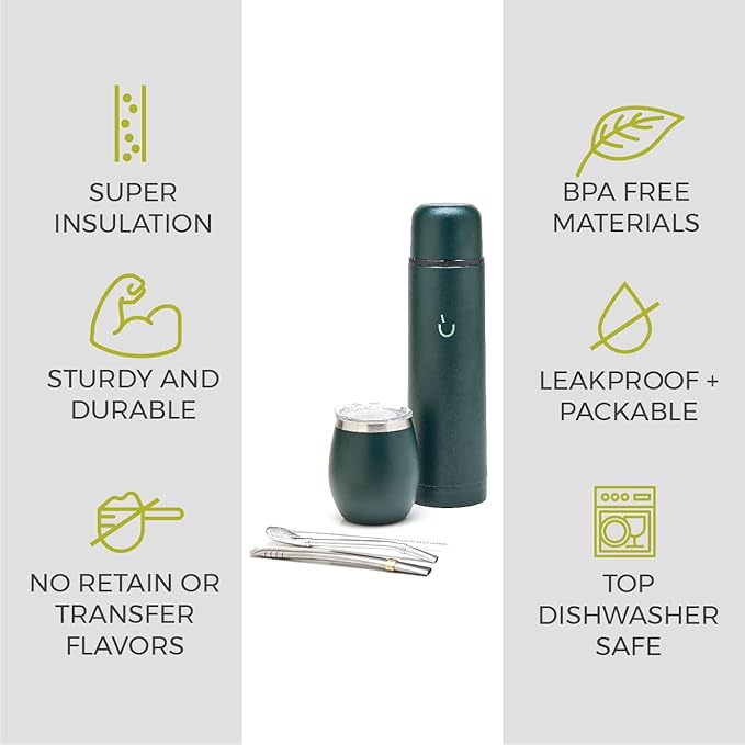 BALIBETOV Complete Yerba Mate Set - Modern Mate Gourd, Thermal Flask, Bombilla and Cleaning Brush Included - All Premium Quality 304 18/8 Stainless Stee (Green)