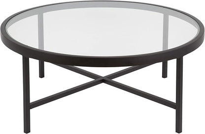 Henn&Hart 36" Wide Round Coffee Table with Glass Top in Blackened Bronze, Modern coffee tables for living room, studio apartment essentials