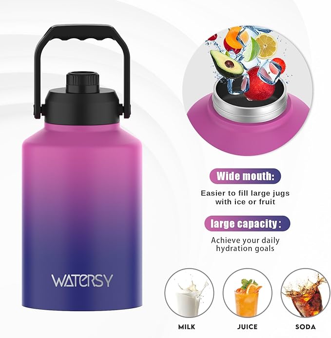 Half Gallon Water Bottle Insulated(Cold for 48 Hrs),BPA Free&Leak Proof,64oz Stainless Steel Water Jug/Flask,Big thermo,Large Water Bottle with Handle for Gym,Hiking,Camping,Gradient Purple