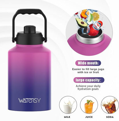 Half Gallon Water Bottle Insulated(Cold for 48 Hrs),BPA Free&Leak Proof,64oz Stainless Steel Water Jug/Flask,Big thermo,Large Water Bottle with Handle for Gym,Hiking,Camping,Gradient Purple