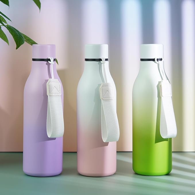 BJPKPK Insulated Water Bottles, 18 oz Stainless Steel Metal Water Bottle with Strap, BPA Free Leak Proof Jugs, Mugs, Flasks, Reusable Thermal Flasks for Sports & Travel, Graceful Pink