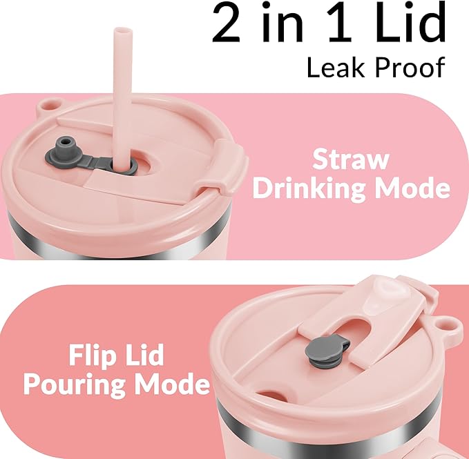 WETOWETO 40oz Tumbler with Handle and Lid | 100% Leakproof Insulated Stainless Steel Travel Mug | Keeps Cold 34Hrs/Hot 10Hrs | Dishwasher Safe, Fits Car Cup Holder (Blush Color)