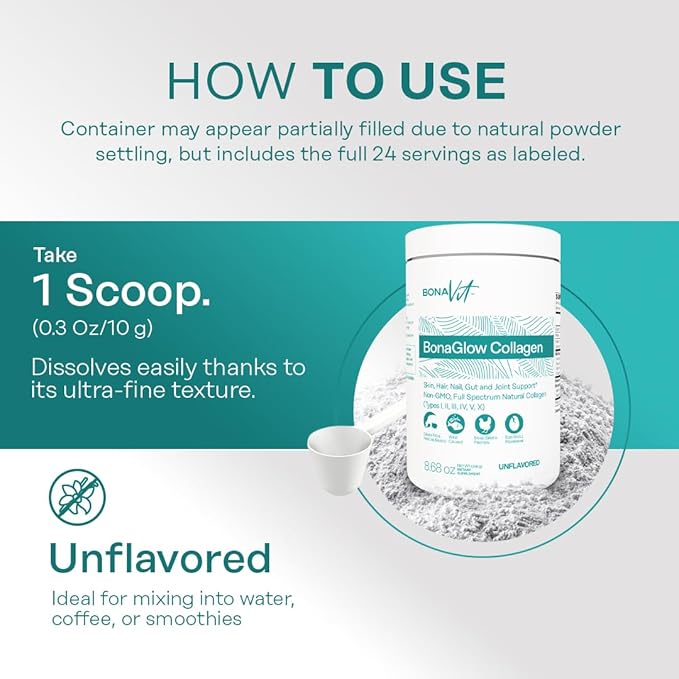 BonaGlow - Hydrolyzed Collagen Types I, II, III, IV, V, X - Premium Blend - 24 Servings - with Vitamin C, Digestive Enzymes - Sugar-Free, Non-GMO, Paleo-Friendly - Skin, Hair, Nails.