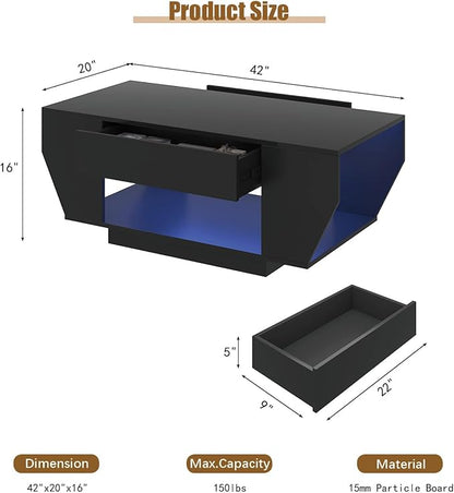 42" Black Modern Coffee Table for Living Room, High Glossy Wooden Living Room Table with Storage, Led Rectangular Coffee Tables with 2 Drawers, Wood Center Table for Reception Dinning Room