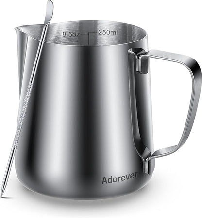 Milk Frothing Pitcher, 8.5oz / 250ml Steaming Pitcher Stainless Steel Espresso Machine Accessories for Coffee Bar, Cappuccino Barista Tools Milk Jug Steamer Frother Cup with Latte Art Pen