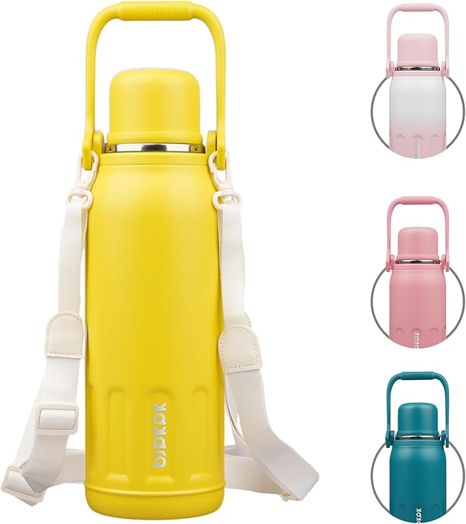 BJPKPK Insulated Thermal Water Bottle Double Wall with Handle and Lid 50oz Stainless Steel Water Bottles for Cold and Hot Beverages,Yellow