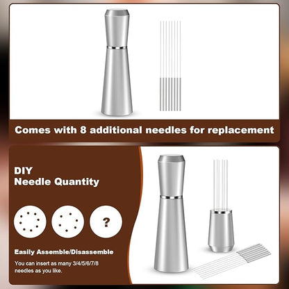WDT Espresso Distribution Tool, 0.35mm 8 Needle Coffee Stirrer with 8 Extra Needles, 304 Stainless Steel, Aluminum Alloy Handle with Stand, Barista Espresso Whisk Tool (Metal Silver)