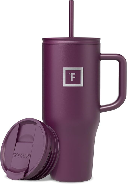 IRON °FLASK Co-Pilot Insulated Mug w/Straw & Flip Cap Lids - Cup Holder Bottle for Hot, Cold Drink - Leak-Proof - Water, Coffee Portable Travel Mug - Burgundy, 32 Oz