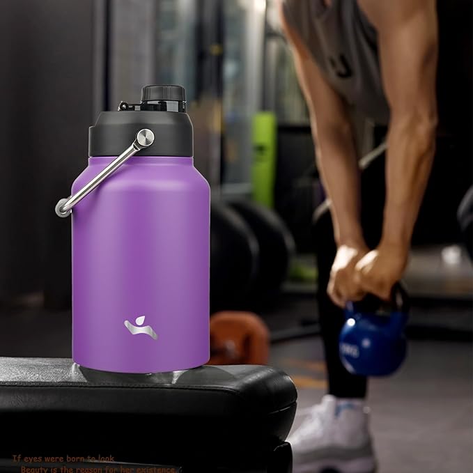 Half Gallon Jug with Handle,64 oz Insulated Water Bottle with Carrying Pouch,Double Wall Vacuum Stainless Steel Metal Bottle,Purple