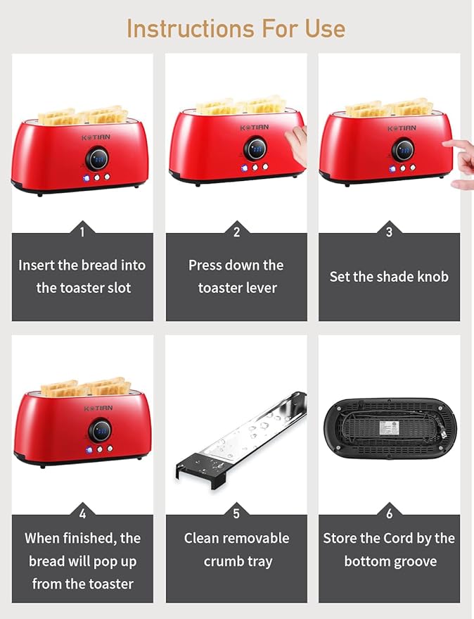 Toaster 4 Slice,KOTIAN Retro Long Slot Toasters with Countdown Timer,Stainless Steel Toaster,Bagel,Defrost,Reheat,Cancel Functions,Extra Wide Slots,6 Toast Settings,Removable Crumbs Tray,Red