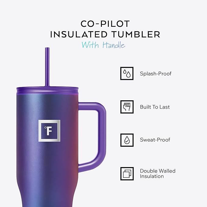 IRON °FLASK Co-Pilot Insulated Mug w/Straw & Flip Cap Lids - Cup Holder Bottle for Hot, Cold Drink - Leak-Proof - Water, Coffee Portable Travel Mug - Sage Grove, 40 Oz