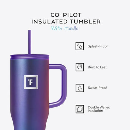 IRON °FLASK Co-Pilot Insulated Mug w/Straw & Flip Cap Lids - Cup Holder Bottle for Hot, Cold Drink - Leak-Proof - Water, Coffee Portable Travel Mug - Elemental Gray, 40 Oz