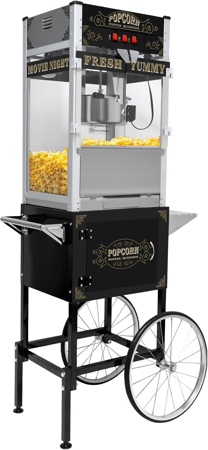 Commercial Popcorn Machine with Cart, Wheels & 20 Oz Kettle, Popcorn Maker Machine Vintage Style Movie Theater Popcorn Popper Machine for Parties, Events, Commercial, and Home Theater