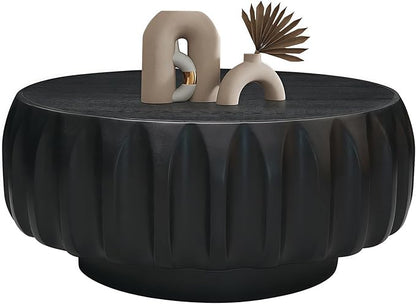31.5" Drum Coffee Table Modern Round Coffee Table Wood Fluted Centry Table with Solid Wood Veneer for Living Room, Easy Assemble, Black
