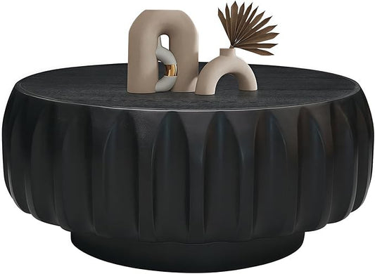 31.5" Drum Coffee Table Modern Round Coffee Table Wood Fluted Centry Table with Solid Wood Veneer for Living Room, Easy Assemble, Black