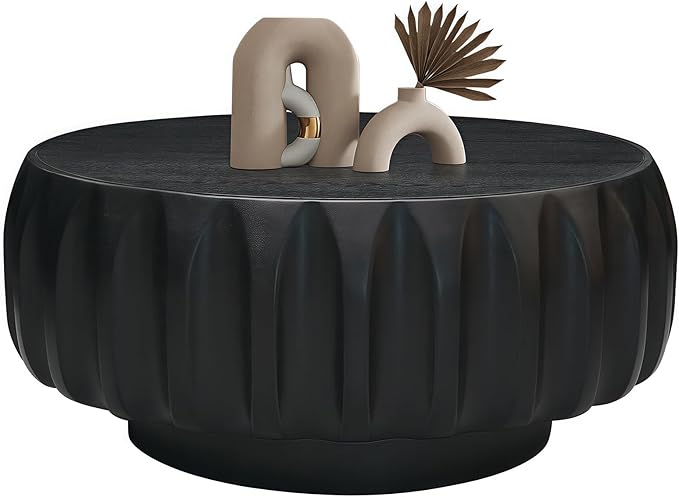 31.5" Drum Coffee Table Modern Round Coffee Table Wood Fluted Centry Table with Solid Wood Veneer for Living Room, Easy Assemble, Black
