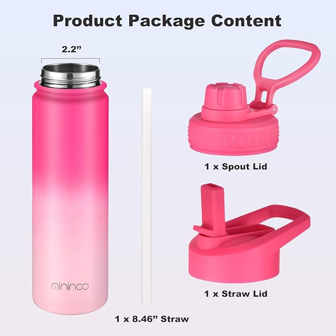 mininoo Insulated Stainless Steel Water Bottle with Straw and Lid for Sports, 24 oz, Sweet Peach