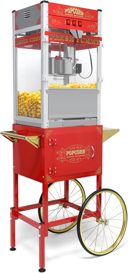 Commercial Popcorn Machine with Cart, Wheels & 20 Oz Kettle,Popcorn Popper Machine Vintage Style Movie Theater Popcorn Maker Machine for Parties, Events, Commercial, and Home Theater