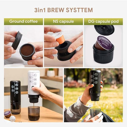 Portable Espresso Machine Mini 12V Rechargeable 3-in-1 Multi-Function Electric Coffee Machine One Key Extraction Compatible with NS & DG Capsules and Ground Coffee for Office Home (Black)
