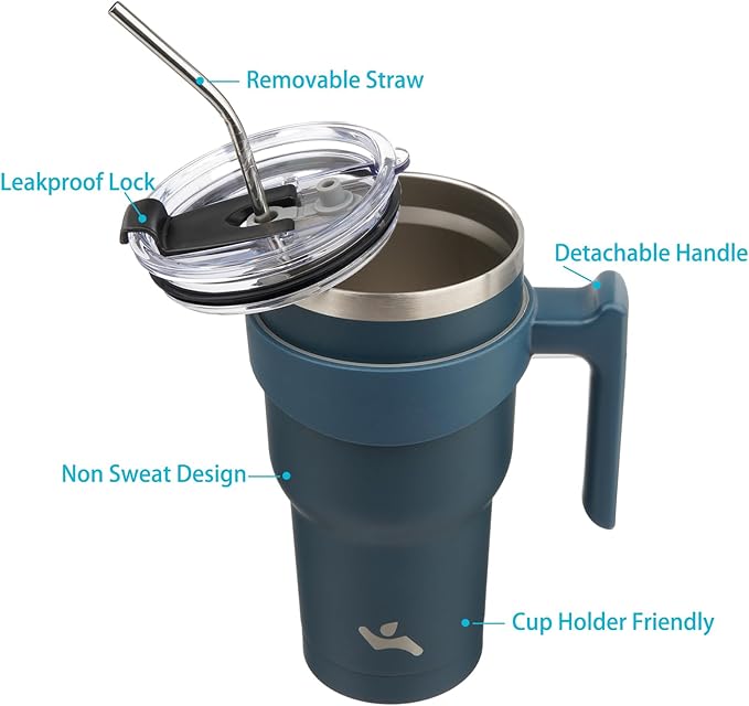 30 oz Tumbler with Handle and 2 Straw 2 Lid, Insulated Water Bottle Stainless Steel Vacuum Cup Reusable Travel Mug, Navy Blue