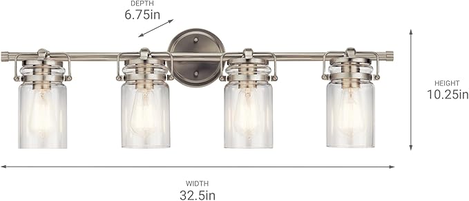 Kichler Brinley 32.25" Vanity Light in Brushed Nickel, 4-Light Farmhouse Bathroom Vanity Light with Clear Glass, (32.25" W x 10" H), 45690NI