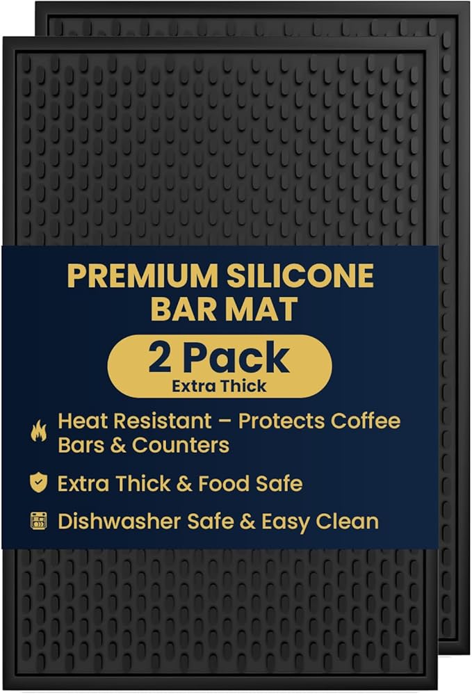 2 Pack Silicone Bar Mat - 1/2 Inch Thick Heat-Resistant and Food Safe Drip Mat - Spill Mats for Counter Top - Kitchen Service Mat, Coffee Bar, Restaurant - Drying Mat - 18 x 12 Inches