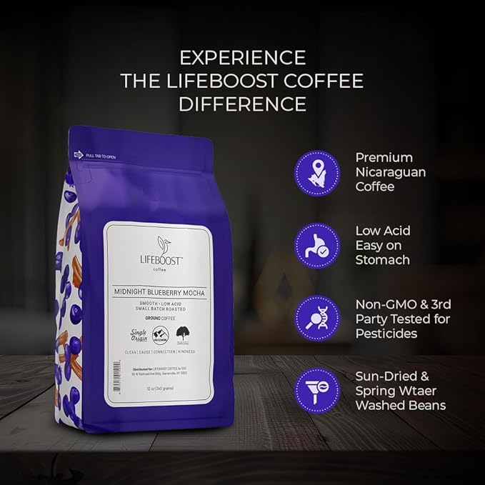 Lifeboost Midnight Blueberry Mocha Ground Coffee - Low Acid Single Origin Coffee - Non-GMO Wild Blueberry Coffee Grounds Third Party Tested For Mycotoxins & Pesticides - 12 Ounces