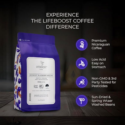 Lifeboost Midnight Blueberry Mocha Ground Coffee - Low Acid Single Origin Coffee - Non-GMO Wild Blueberry Coffee Grounds Third Party Tested For Mycotoxins & Pesticides - 12 Ounces