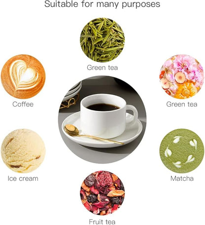 Coffee Cups and Saucers Set of 6 with Stainless Steel spoons, 8oz Ceramic Cappuccino Cups Set, White Durable Porcelain Cups for Tea, Espresso, Latte, Mocha