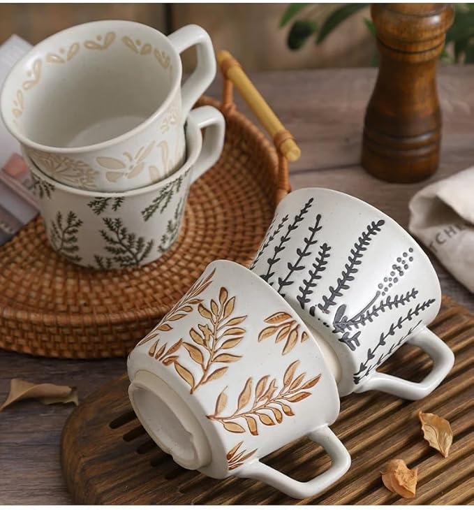 Ceramic Mug Set of 4, 11oz - Vintage Mug Cups for Coffee Milk Latte Cappuccino Tea, Porcelain Coffee Cups Set Christmas Gifts, Farmhouse Handmade Stoneware Cups Dishwasher Microwave Safe