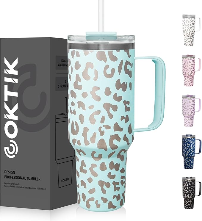 COKTIK 40 oz Tumbler With Handle and Straw Lid, Vacuum Insulated Travel Coffee Mug Stainless Steel Insulated Cup for Beverages, Leak-proof, Cupholder Friendly (Seafoam Leopard)