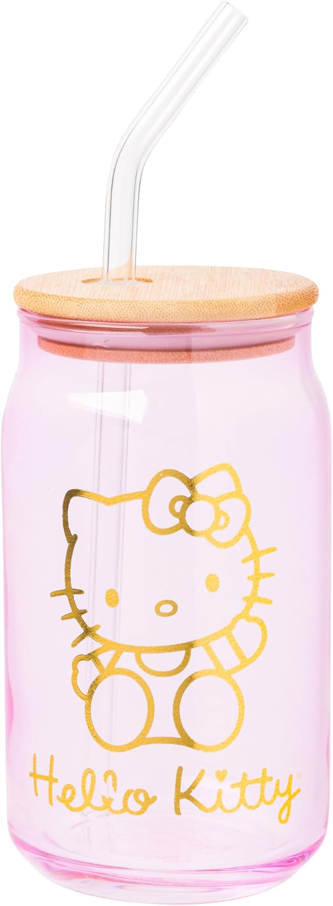 Silver Buffalo Sanrio Hello Kitty Gold 2 Pack Pink Glass Jar Tumbler with Bamboo Lid and Glass Straw, 16 Ounces