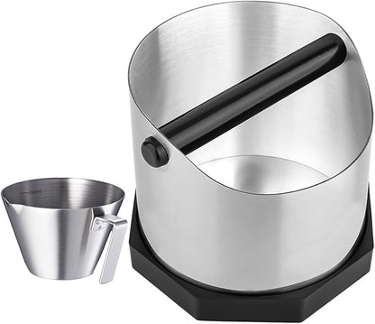 Coffee Knock Box, Large Capacity Espresso Knock Box with Non-Slip Base, Coffee Measuring Cup,Coffee Puck Knock Box Stainless Steel for Espresso Machine Coffee Grounds (Silver)