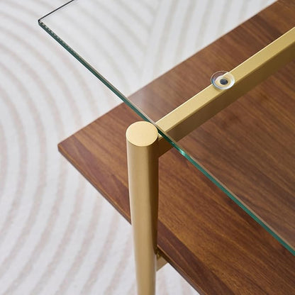 Rectangle Coffee Table, Mid-Century Modern Design, L41 W21 x H17, for Living Room, 2-Tier Structure, Clear Glass Top and Walnut MDF Shelf, Sleek Conical Metal Legs with Gold Finish
