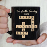 Load image into Gallery viewer, Family Forever Linked Together Custom Names Ceramic Mug, Crossword Puzzle Art, for Birthday, Anniversary or Special Occasions (Family Forever Linked Together Black Mug)
