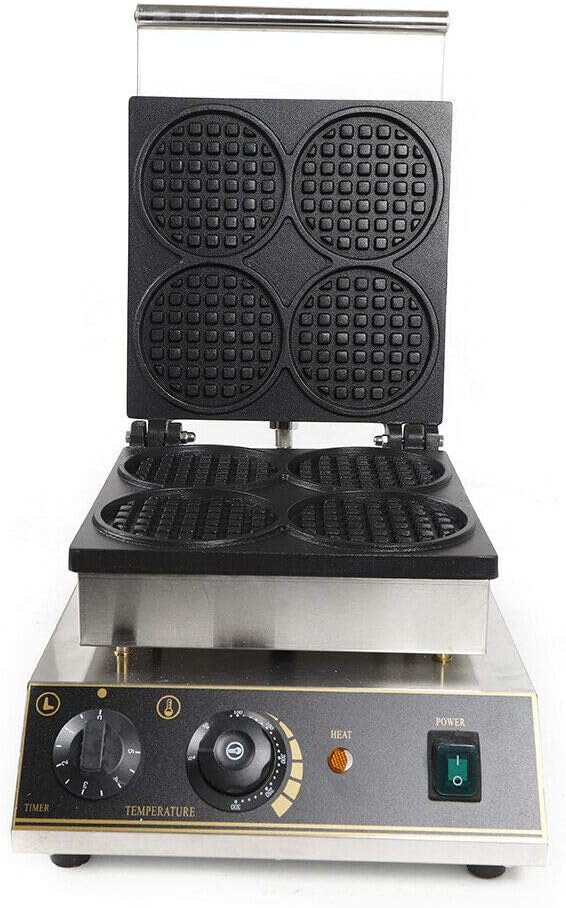 Commercial Belgian Waffle Iron, 4 Grids 1750W Stainless Steel Nonstick Double Side Waffle Maker Machine Electric Round Waffle Baker for Bakery, Restaurant, Snack Bar, Home