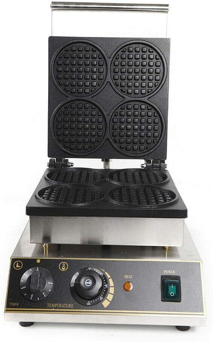 Commercial Belgian Waffle Iron, 4 Grids 1750W Stainless Steel Nonstick Double Side Waffle Maker Machine Electric Round Waffle Baker for Bakery, Restaurant, Snack Bar, Home