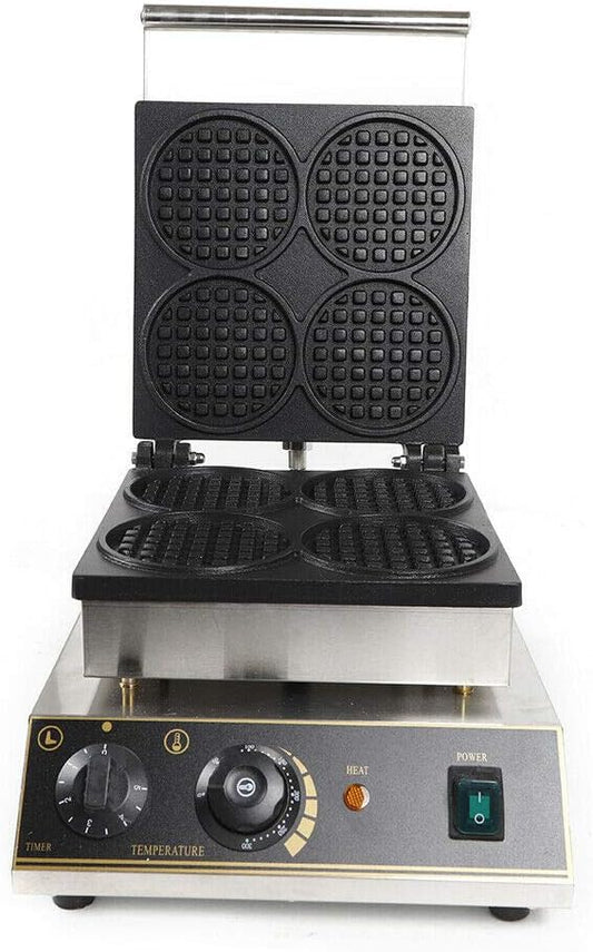 Commercial Belgian Waffle Iron, 4 Grids 1750W Stainless Steel Nonstick Double Side Waffle Maker Machine Electric Round Waffle Baker for Bakery, Restaurant, Snack Bar, Home