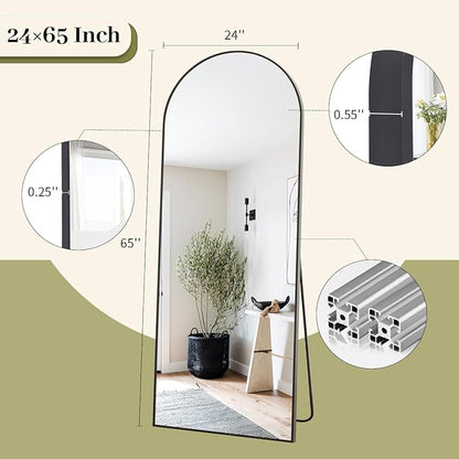 BEAUTYPEAK 65"x24" Full Length Mirror, Arch Full Body Floor Mirror, Wall Mirrors Hanging or Leaning Arched-Top with Stand for Bedroom, Dressing Room, Black