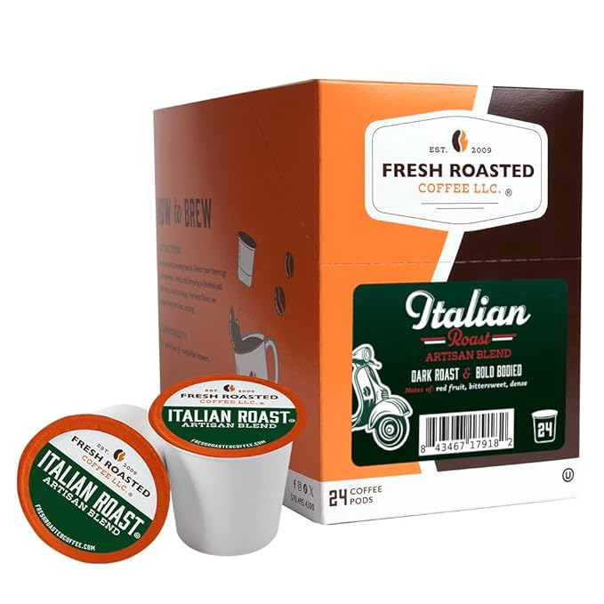 Fresh Roasted Coffee, Italian Roast, Dark, 24 Pods for K Cup Brewers